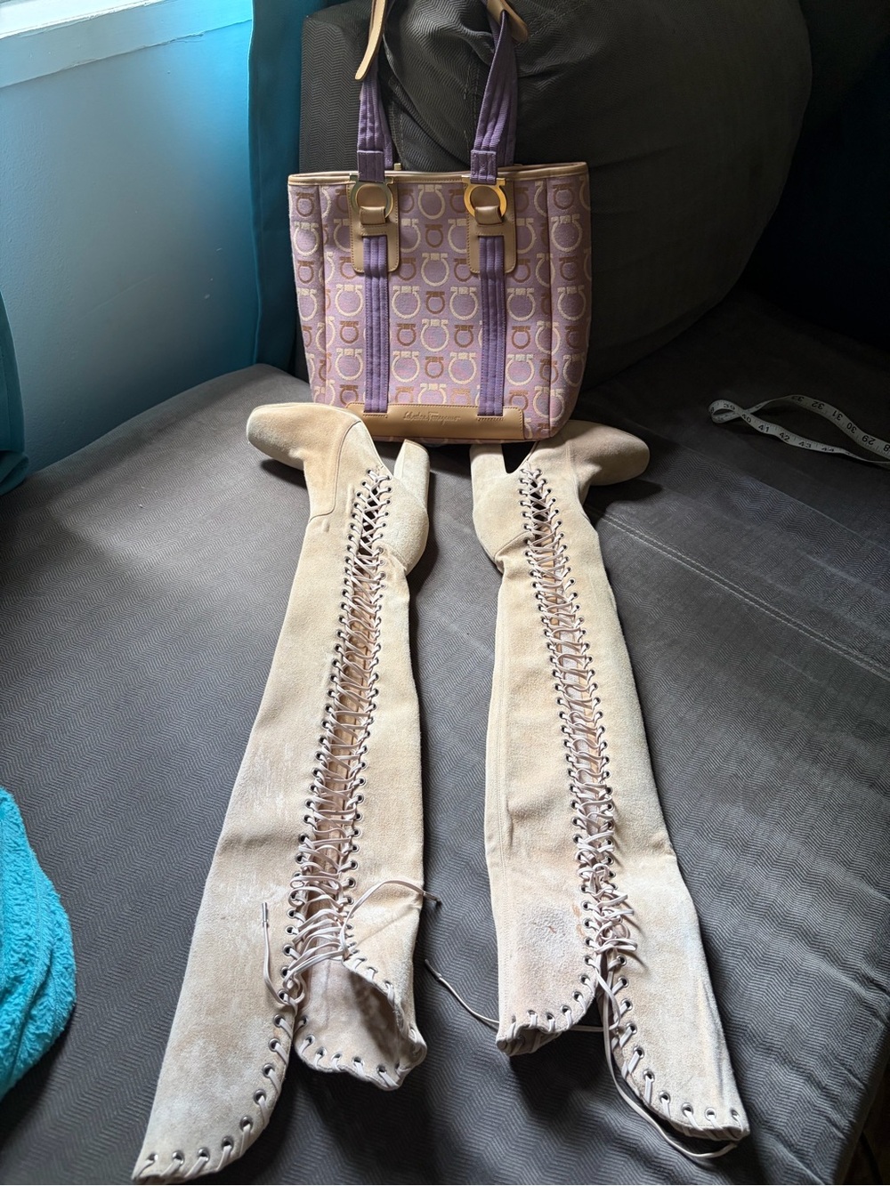 Salvatore Ferragamo  Lace-Up Over-the-Knee High Heel Boots - Nude - Picture 12 of 15